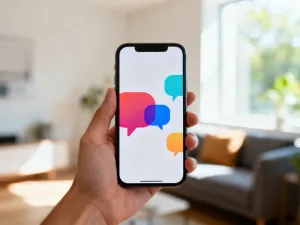 Dłoń trzymająca smartfon z widoczną ikoną sklepu z aplikacjami na ekranie, umieszczona na tle minimalistycznego biurka.
