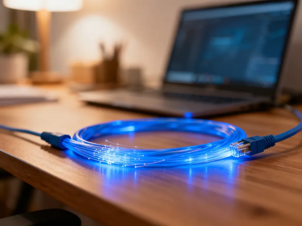 Świecący przewód światłowodowy na biurku, symbolizujący nowoczesne łącze internetowe w domu.