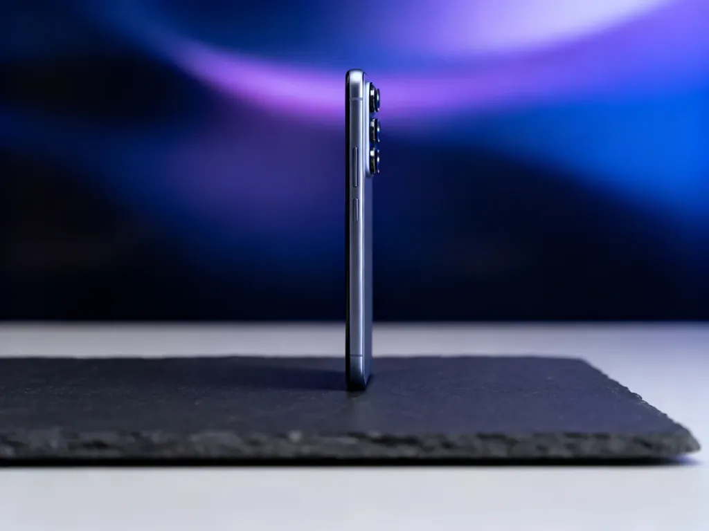Smartfon Redmi Note 14 Pro Plus wyeksponowany na ciemnym tle, z wyraźnym widokiem na moduł tylnego aparatu.