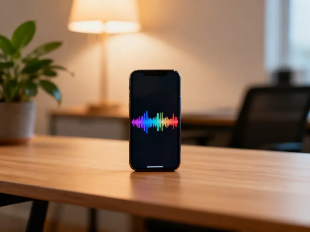 Nowoczesny smartfon z widoczną na ekranie falą dźwiękową, leżący na drewnianym biurku w przytulnym domowym biurze.