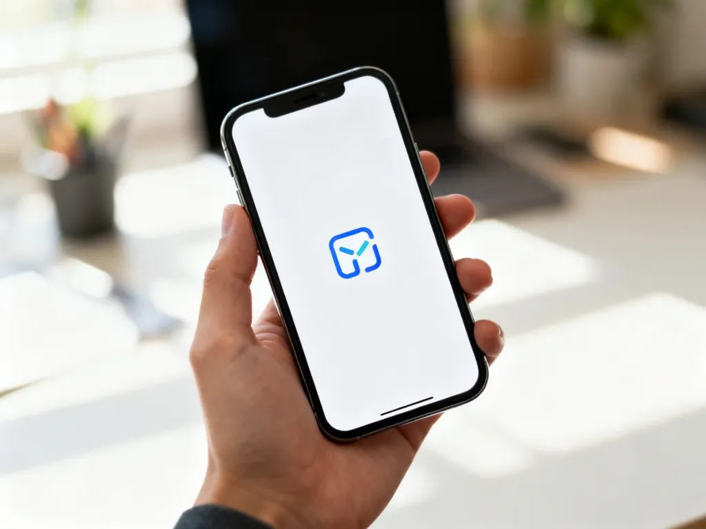Smartfon z otwartą aplikacją mObywatel trzymany w dłoni na tle jasnego domowego biura.