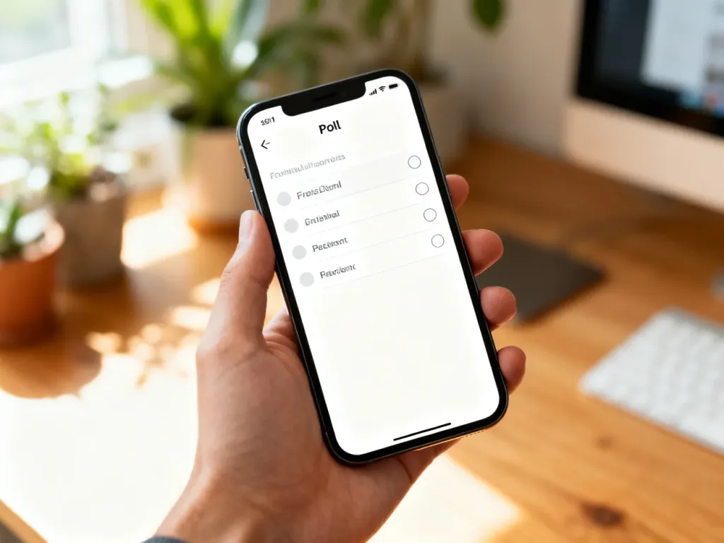 Dłoń trzymająca smartfon z otwartym interfejsem ankiety na ekranie w przytulnym domowym biurze.