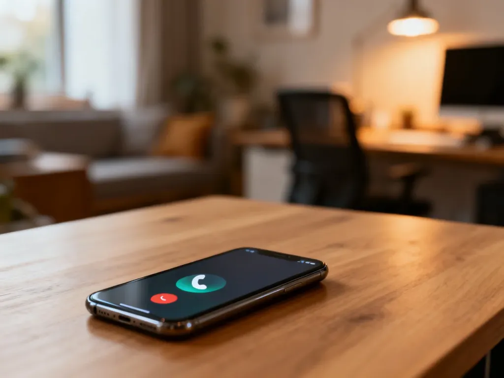 Nowoczesny smartfon z ikoną połączenia przychodzącego na drewnianym biurku, symbolizujący identyfikację nieznanego numeru.