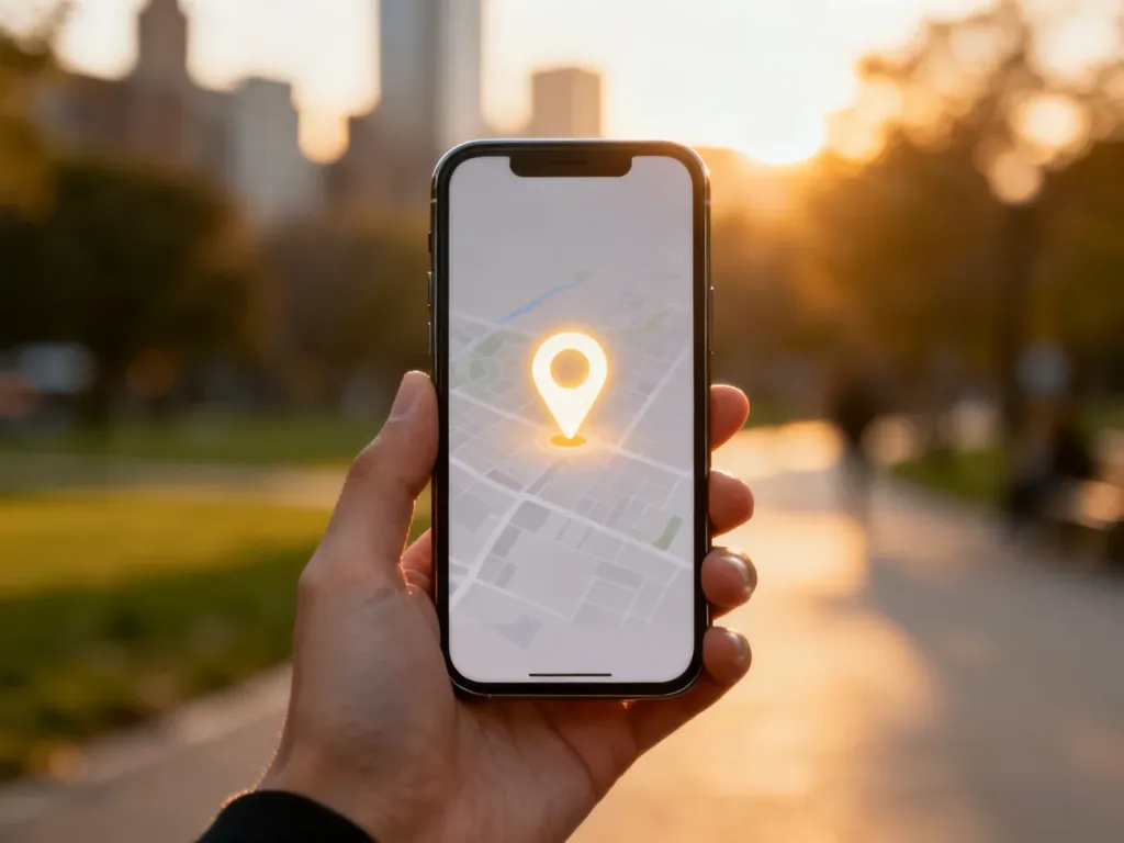 Smartfon z nowoczesną mapą i pinezką lokalizacji w dłoni na tle rozmytego parku w świetle zachodzącego słońca.