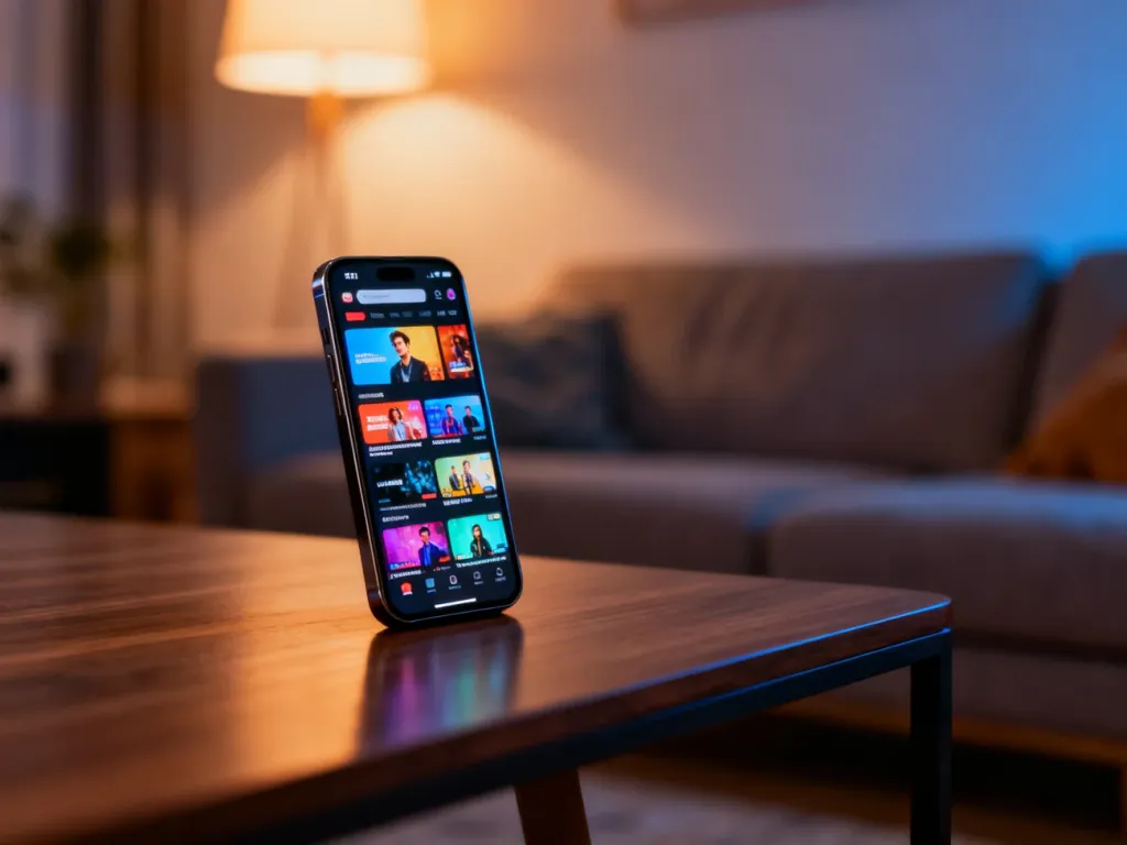 Nowoczesny smartfon z aplikacją streamingową na drewnianym stole, tworzący klimat domowego kina.