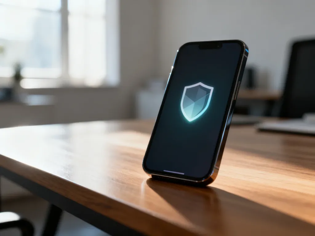 Smartfon na biurku z ikoną cyfrowej tarczy na ekranie, symbolizującą ochronę telefonu przed hakerami.