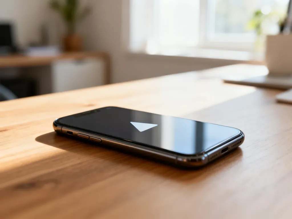 Nowoczesny smartfon z ikoną odtwarzania na ekranie, leżący na drewnianym biurku w jasnym domowym biurze.