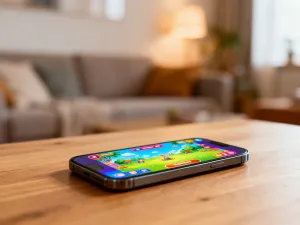 Nowoczesny smartfon z pękniętym ekranem leżący na drewnianym biurku obok profesjonalnych narzędzi serwisowych.