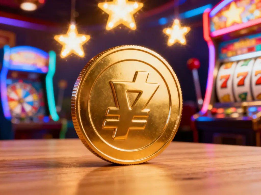 Złota moneta z gry Coin Master leżąca na drewnianym blacie w otoczeniu kolorowych elementów graficznych.