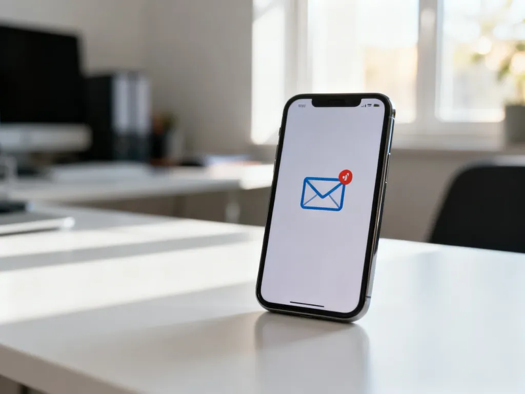 Nowoczesny smartfon z powiadomieniem e-mail na biurku w uporządkowanym domowym biurze.