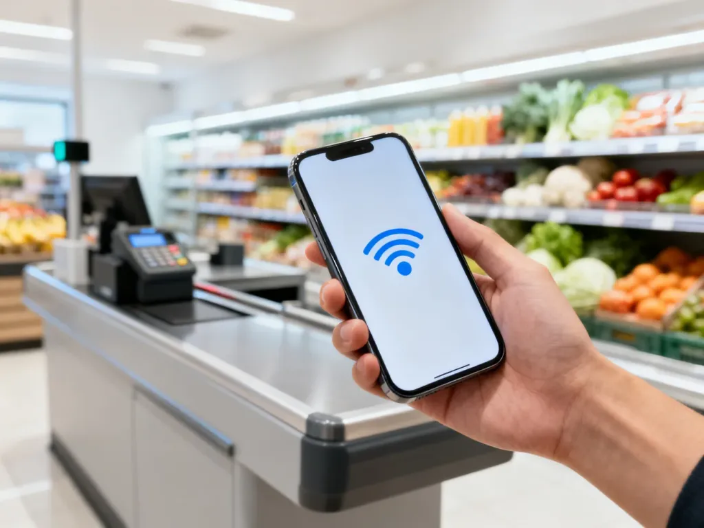 Dłoń trzymająca smartfon z ikoną płatności zbliżeniowych przy kasie w supermarkecie.