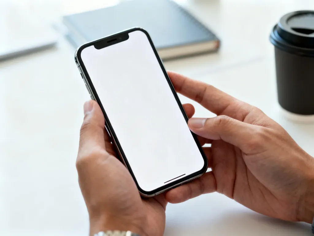 Dłonie trzymające nowoczesny smartfon z minimalistycznym interfejsem na ekranie, gotowy do wykonania zrzutu ekranu.