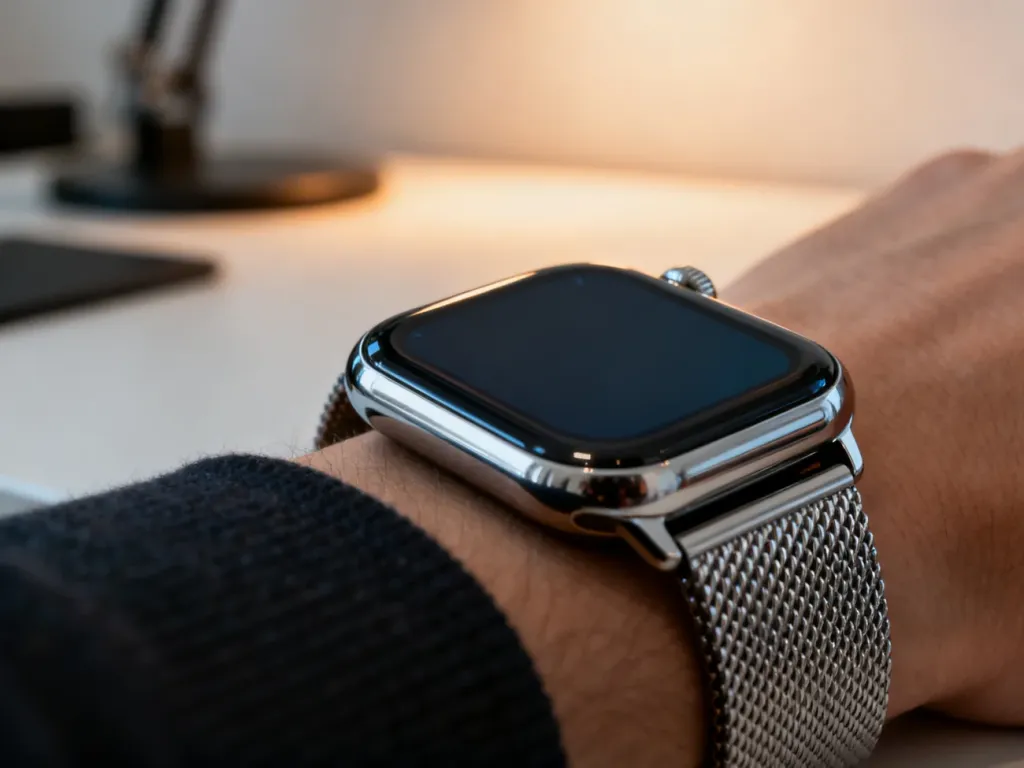 Elegancki smartwatch Huawei Watch GT 5 Pro z metaliczną kopertą na nadgarstku w profesjonalnym biurowym otoczeniu.