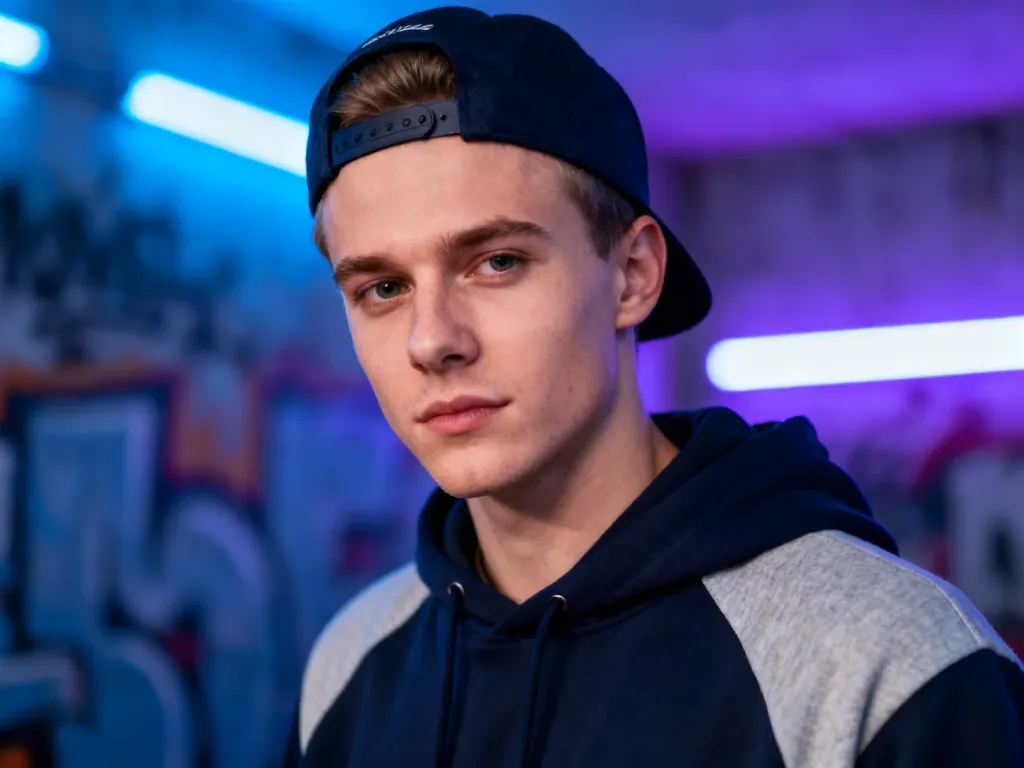 Młody mężczyzna w streetwearowym stylu na tle miejskiego graffiti, uosabiający pewność siebie i nowoczesny klimat OG.