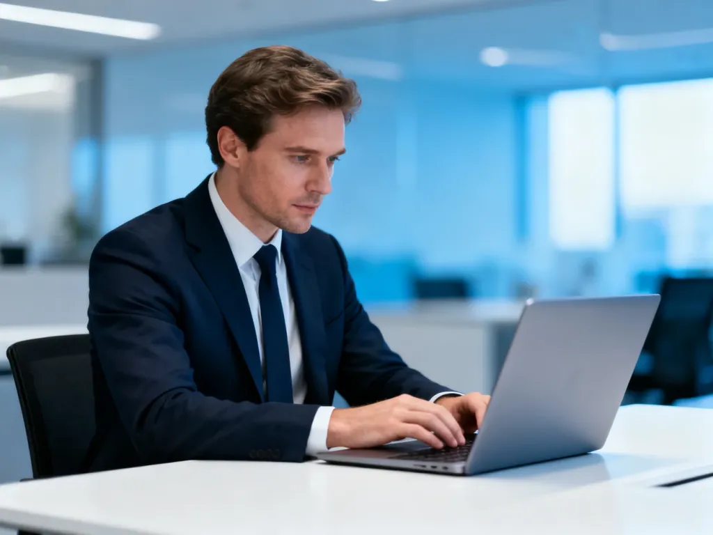 Profesjonalista pracujący przy laptopie w nowoczesnym biurze, skupiony na obsłudze systemów cyfrowych.