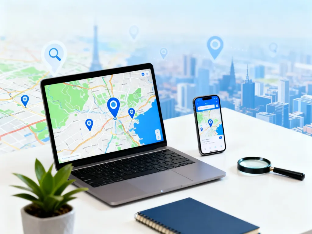 Laptop i smartfon z mapami i pinezkami lokalizacji na biurku, symbolizujące lokalne SEO i pozycjonowanie geo.