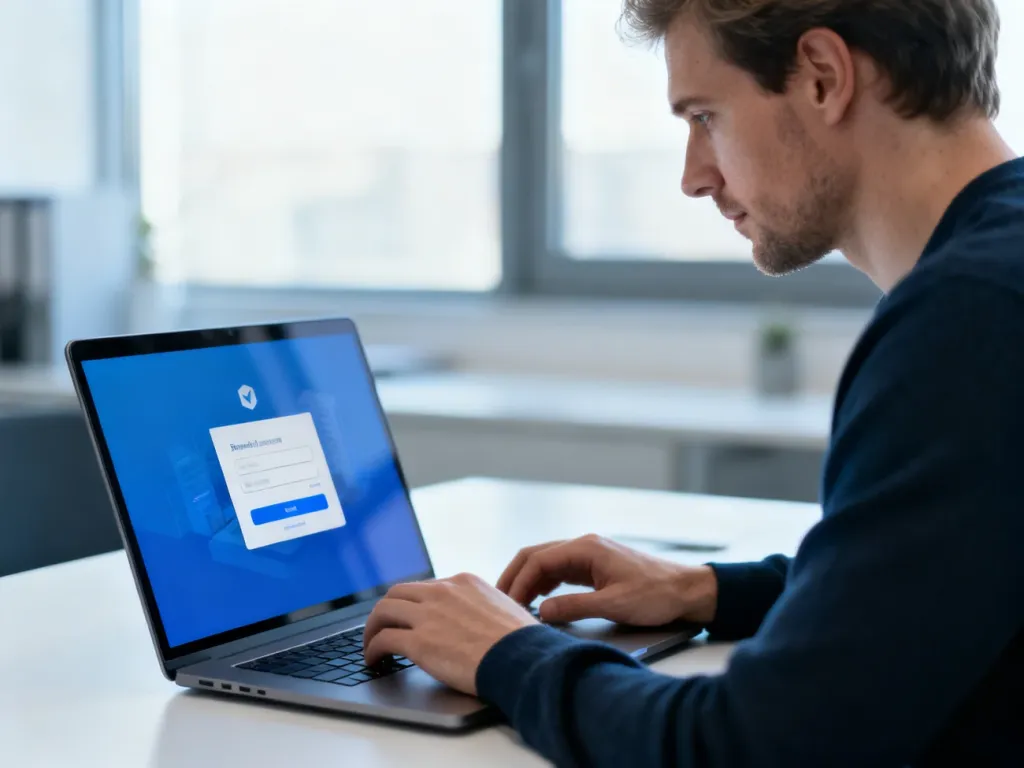 Mężczyzna pracujący przy laptopie w nowoczesnym biurze, logujący się do aplikacji biznesowej.