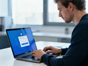 Mężczyzna przy laptopie z profesjonalnym panelem klienta w nowoczesnym biurze.