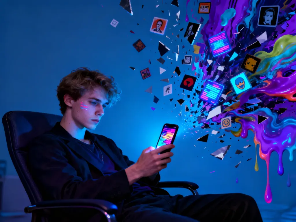 Młody mężczyzna wpatrzony w smartfon w otoczeniu chaotycznych ikon, symbolizujący zjawisko przebodźcowania treściami typu brainrot.