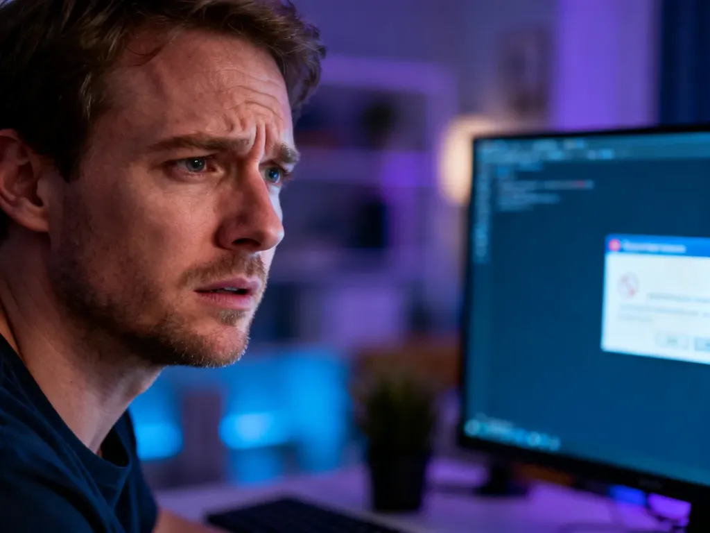Zirytowany mężczyzna przed monitorem z błędem systemowym, ilustrujący problem z brakującym plikiem DLL.