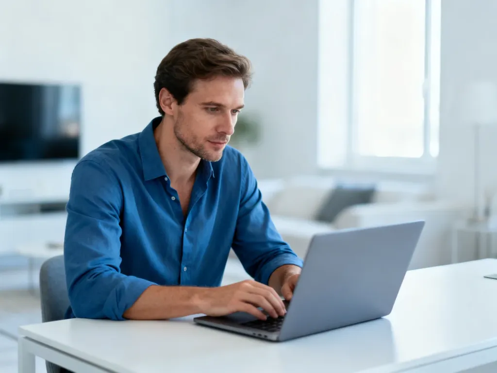 Mężczyzna pracujący przy laptopie w nowoczesnym, jasnym biurze domowym, skupiony na obsłudze systemu online.