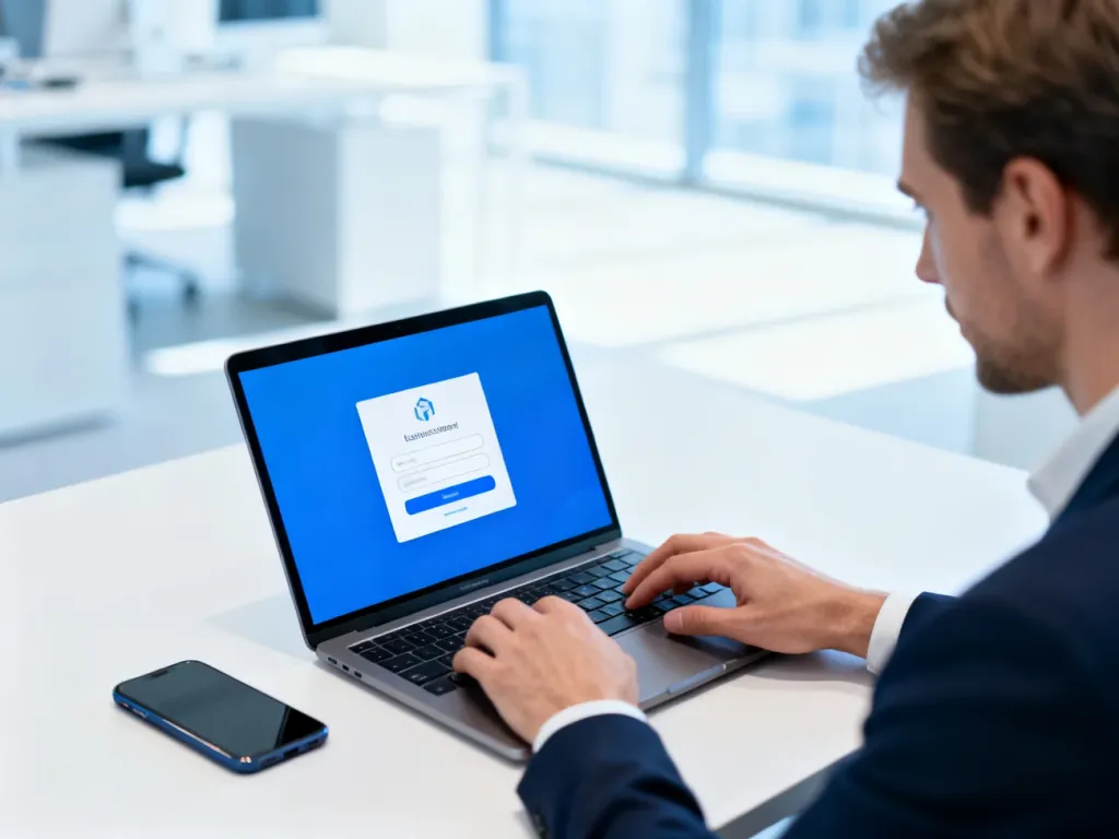 Mężczyzna logujący się do konta Microsoft 365 na laptopie w nowoczesnym biurze.