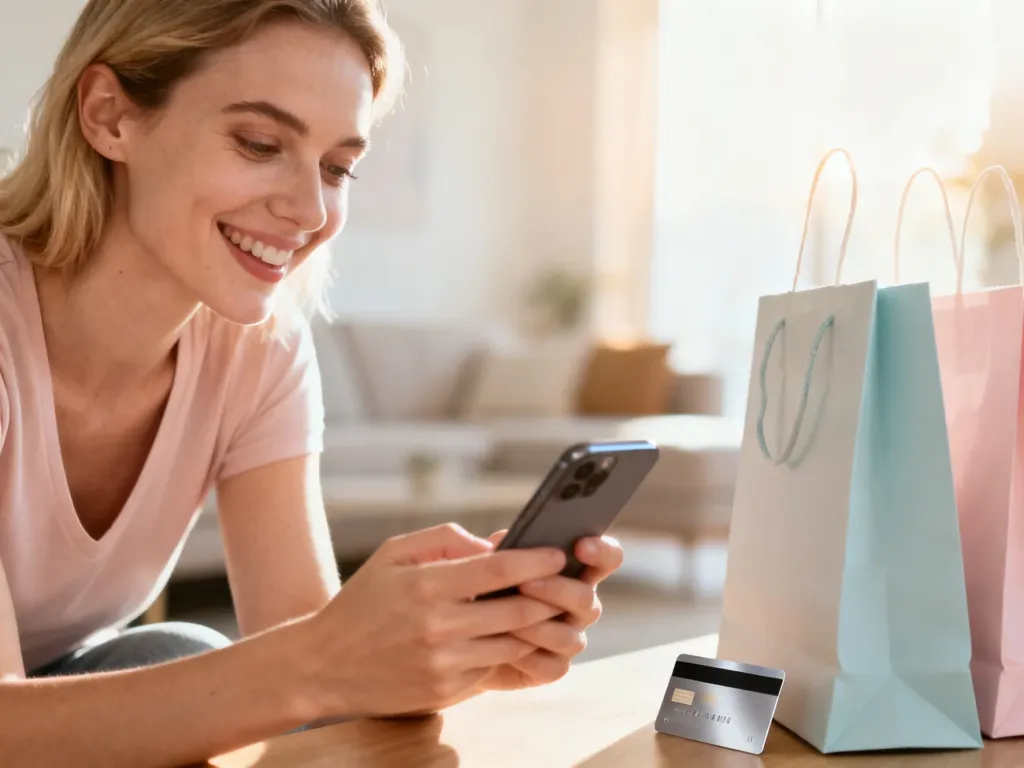 Kobieta zadowolona z zakupów online na smartfonie, obok karta płatnicza i torba na zakupy w jasnym, nowoczesnym wnętrzu.