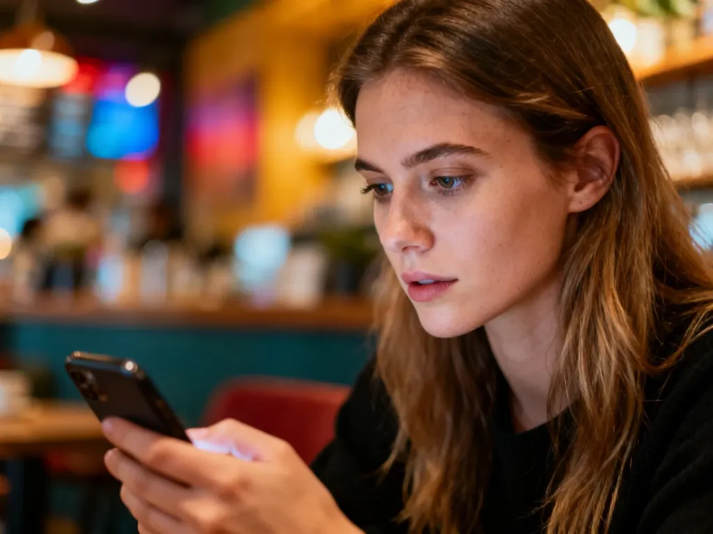 Kobieta skupiona na ekranie smartfona w przytulnej kawiarni, co ilustruje proces logowania do aplikacji Duolingo.