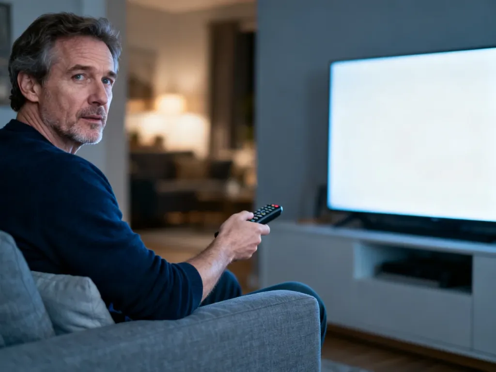 Zirytowany mężczyzna siedzący przed wyłączonym telewizorem, ilustrujący problem z połączeniem sieciowym w serwisie Netflix.