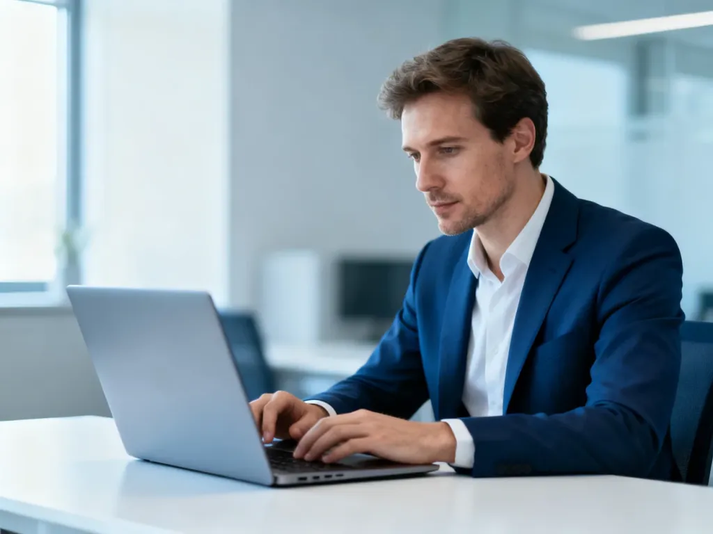 Profesjonalista pracujący przy laptopie w nowoczesnym biurze, ilustrujący proces logowania do konta Office 365.