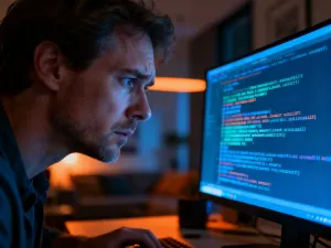 Zirytowany mężczyzna przed monitorem z błędem systemowym, ilustrujący problem z brakującym plikiem DLL.