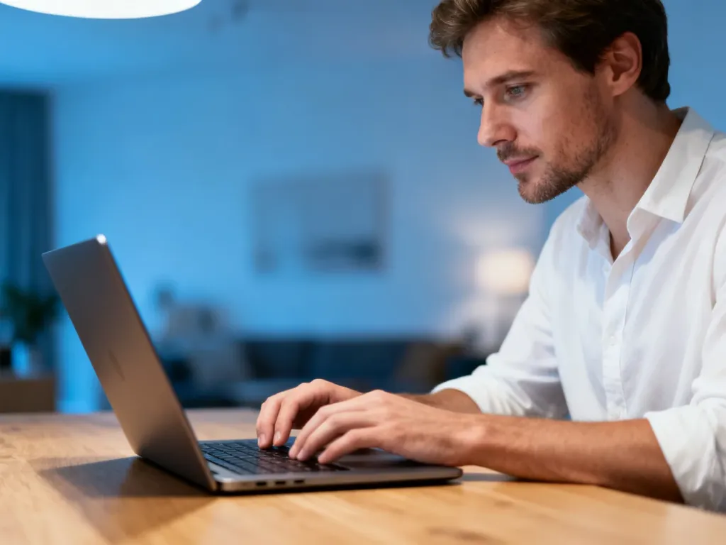 Mężczyzna skupiony na pracy przy laptopie w nowoczesnym domowym biurze.