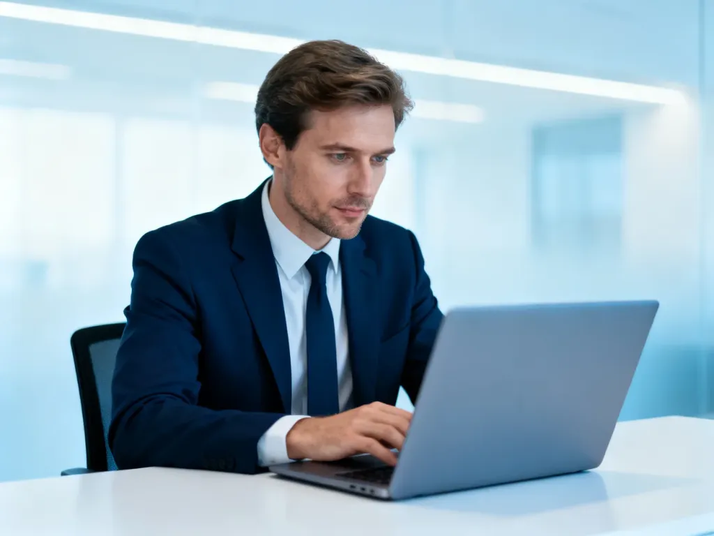 Profesjonalista pracujący przy laptopie w nowoczesnym biurze, symbolizujący obsługę systemów cyfrowych.