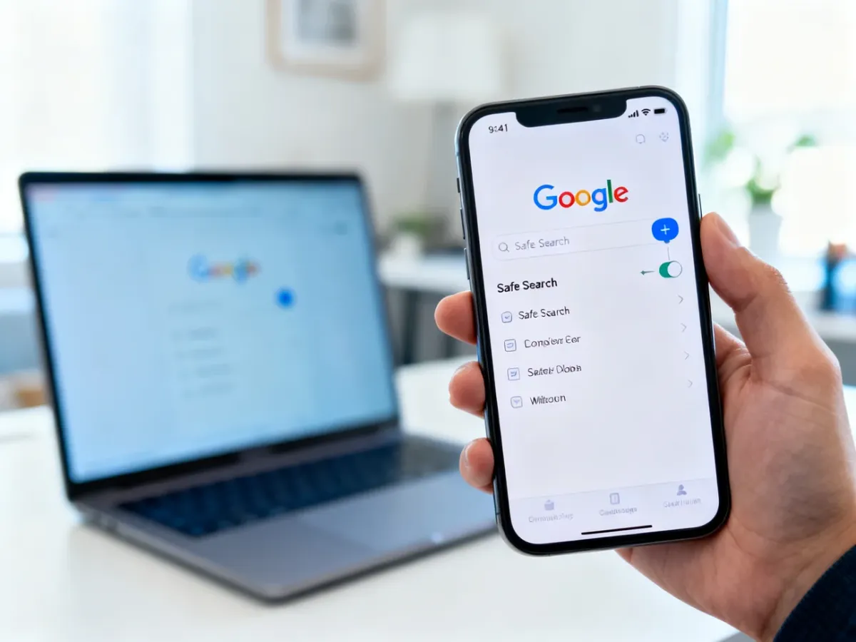 Smartfon z ustawieniami wyszukiwarki Google i przełącznikiem SafeSearch