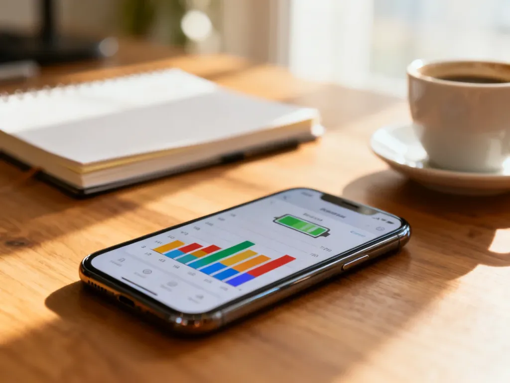 Smartfon leżący na biurku z wyświetlonym wykresem zużycia baterii w ustawieniach systemu Android.