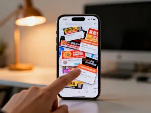 Ekran smartfona z interfejsem płatności cyfrowych na tle biurka, ilustrujący proces dokonywania transakcji mobilnych.