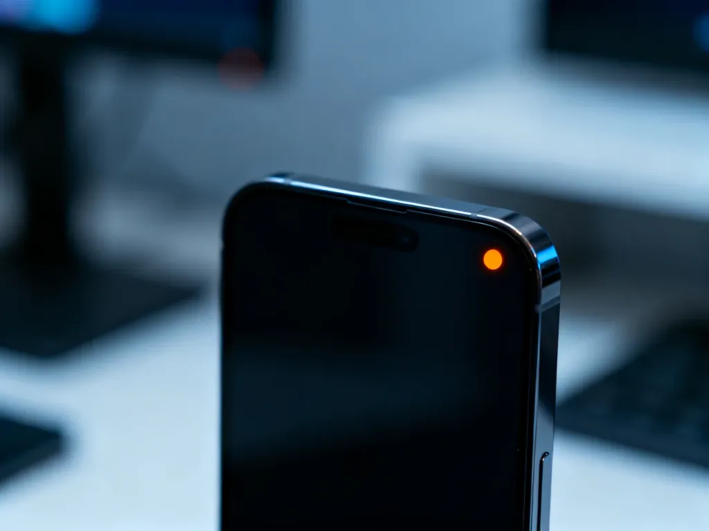 Pomarańczowa kropka w prawym górnym rogu ekranu iPhone'a, sygnalizująca użycie mikrofonu przez aplikację.
