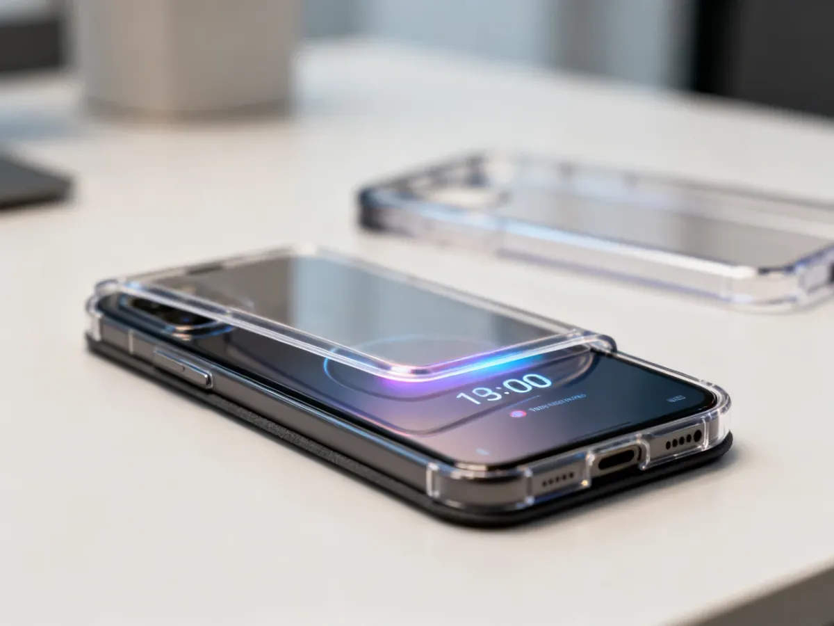 Smartfon w etui Clear View z widocznym zegarem i powiadomieniami przez zamkniętą klapkę