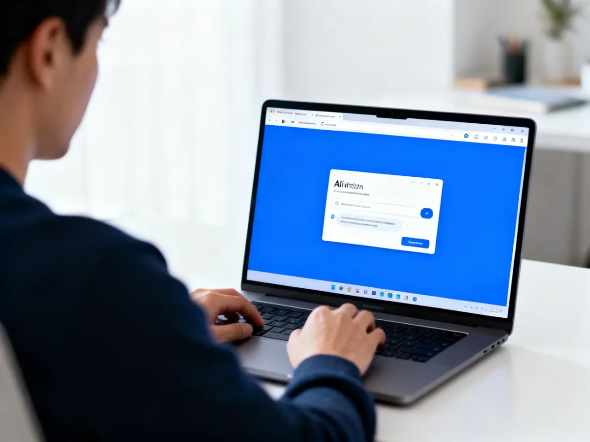 Osoba korzystająca z wyszukiwarki AI na laptopie w domowym biurze