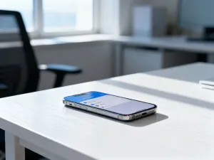 Nowoczesny smartfon na drewnianym biurku z otwartym menu ustawień, gdzie przełącznik funkcji jest wyłączony.