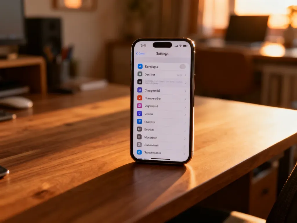 iPhone leżący na drewnianym biurku z otwartym menu ustawień, gotowy do konfiguracji funkcji Czas przed ekranem.