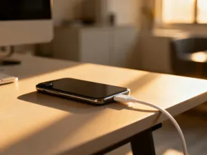 Nowoczesny smartfon leżący na biurku z otwartym menu ustawień systemowych, wskazującym na dostępność aktualizacji oprogramowania.