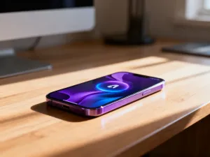 Nowoczesny smartfon z wygaszonym ekranem leżący na drewnianym biurku, symbolizujący wyłączone funkcje cyfrowe.
