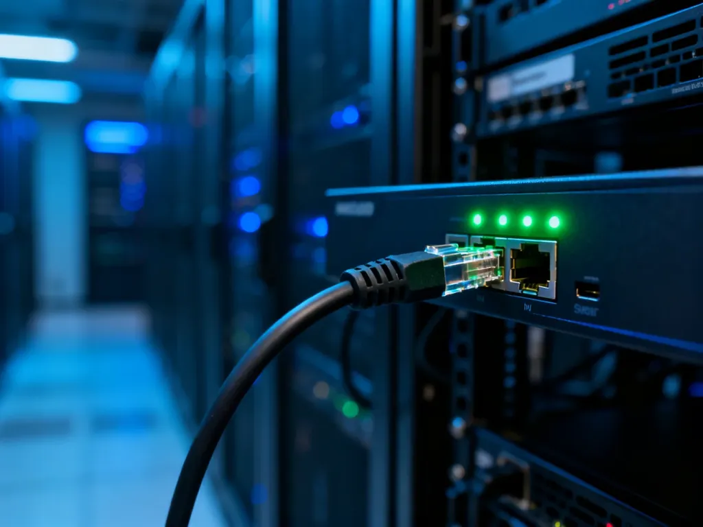 Nowoczesny router z podłączonym kablem Ethernet i świecącymi diodami w serwerowni, ilustrujący konfigurację sieci.