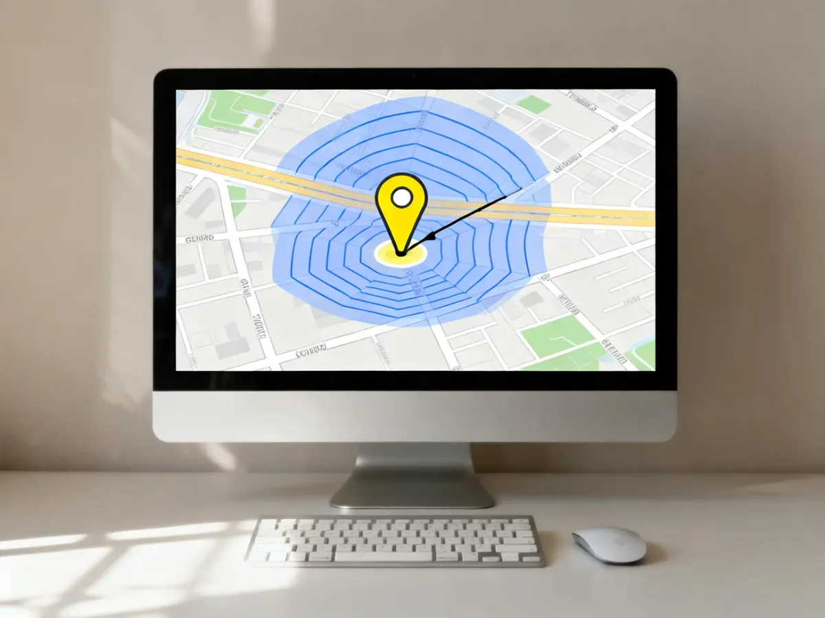Komputer z mapą uliczną, niebieskimi liniami Street View i żółtym Pegmanem
