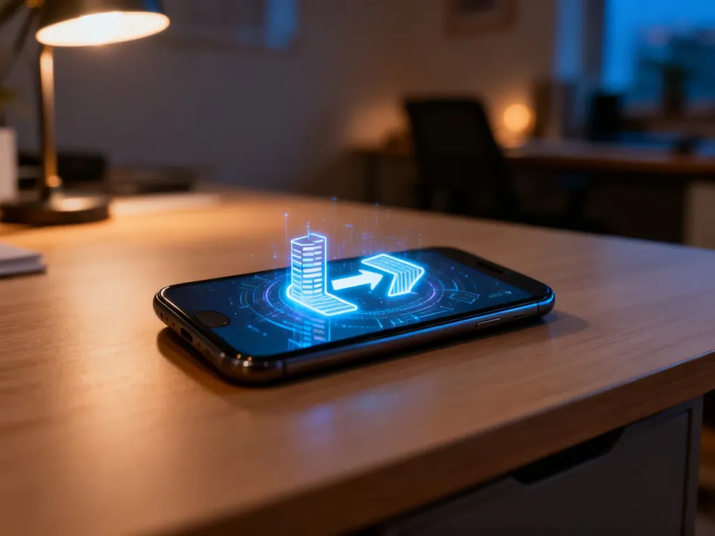 Nowoczesny smartfon na biurku z ikoną transferu danych, symbolizujący proces przenoszenia systemu Android.