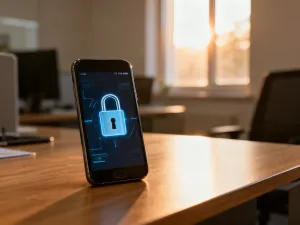Nowoczesny smartfon podłączony do ładowarki na minimalistycznym drewnianym biurku w promieniach porannego słońca.