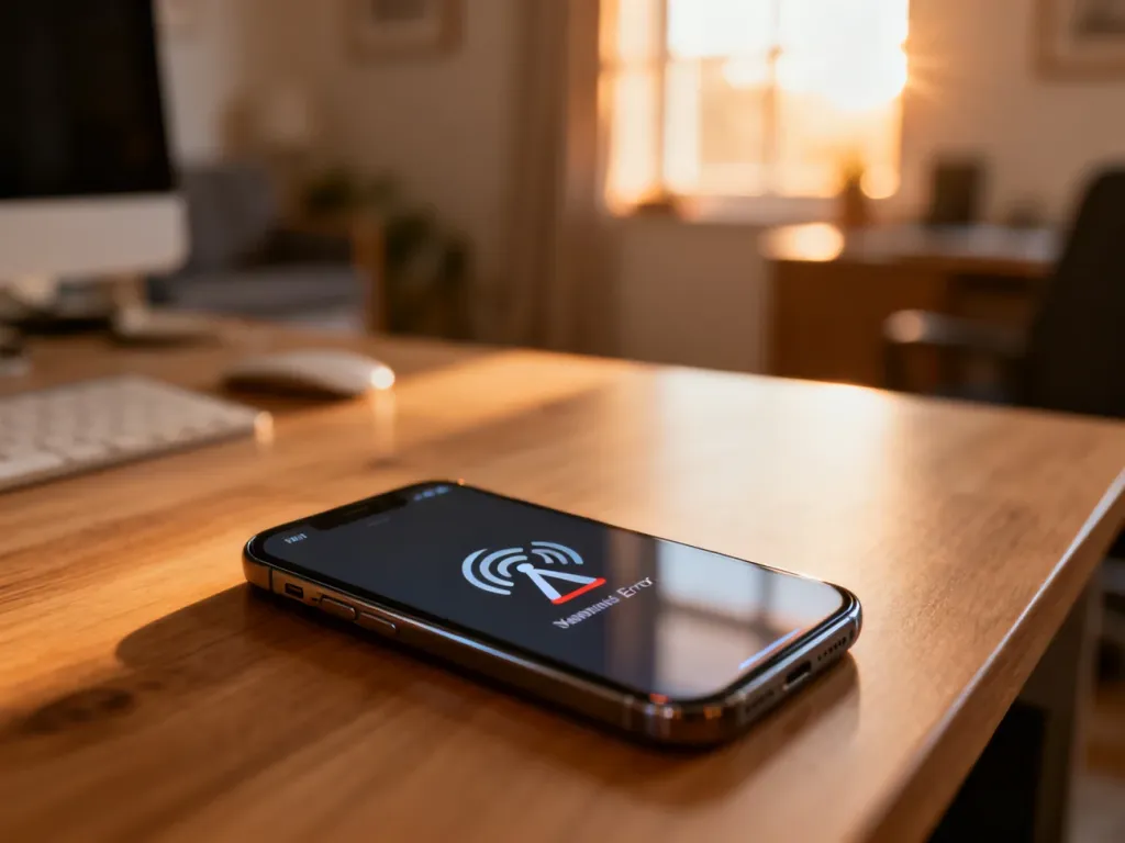 Smartfon z ikoną błędu sieci na ekranie, leżący na drewnianym biurku w przytulnym domowym biurze.