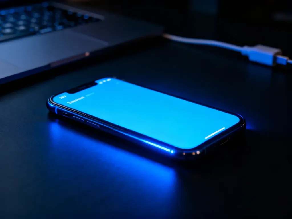 Jasny ekran smartfona świecący w ciemnym pomieszczeniu, obrazujący intensywne zużycie energii przez wyświetlacz.