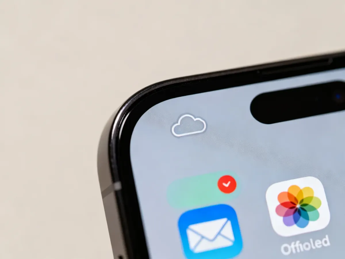 Ekran iPhone’a z ikoną aplikacji oznaczoną symbolem chmury